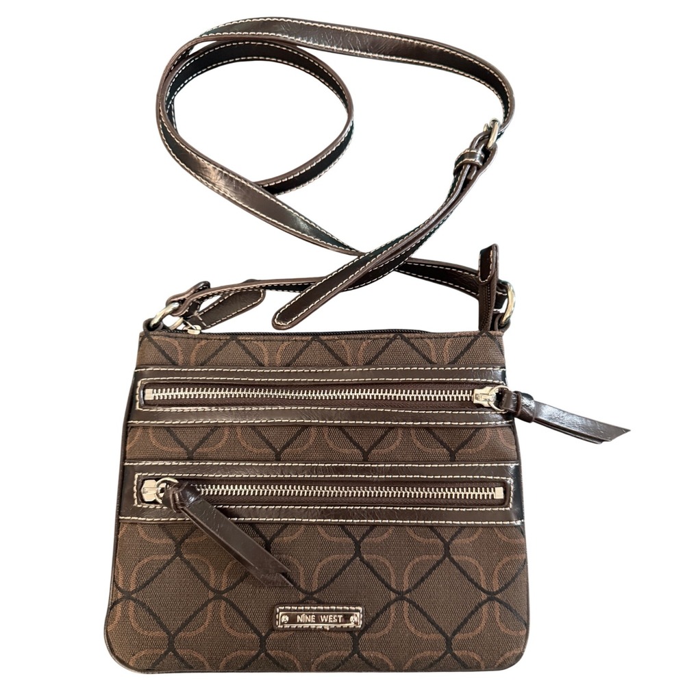 Nine West Brown Monogram Crossbody Bag Purse Triple Zip Small Designer